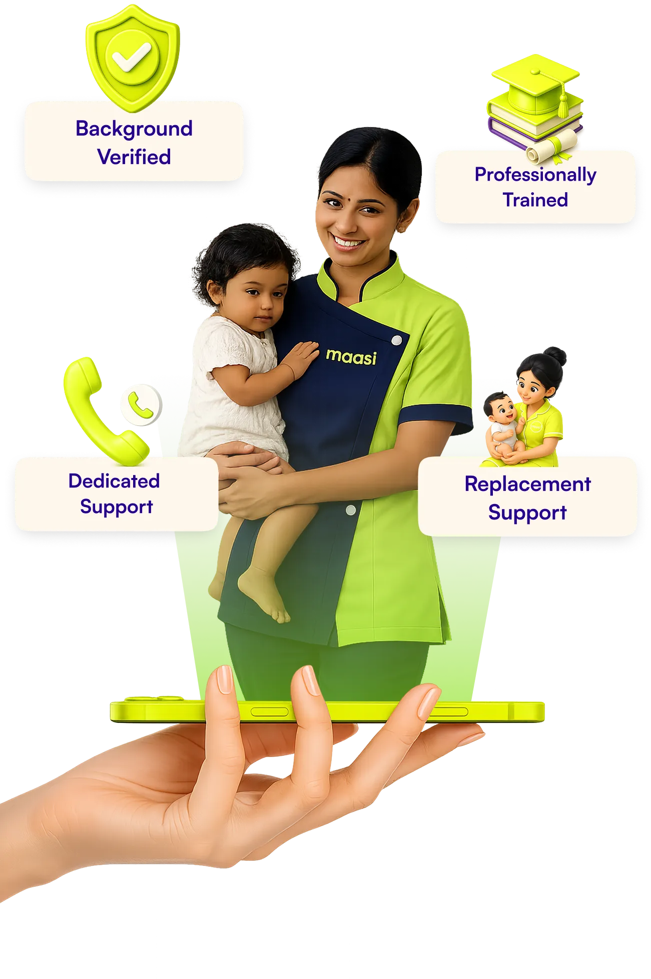 Trusted nanny holding a baby, presented on a phone screen